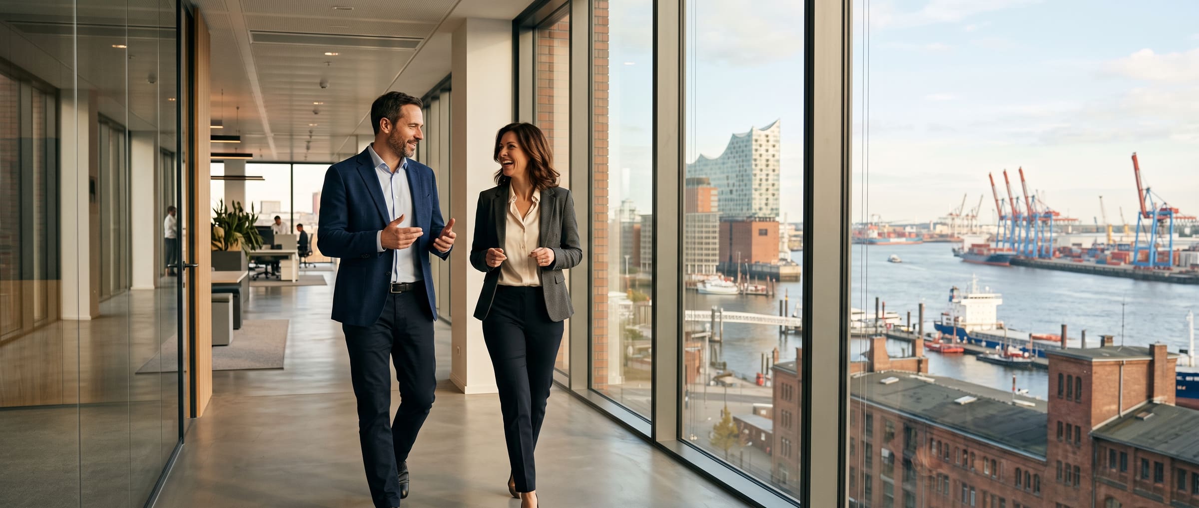 Zwei Partner im Gespräch auf dem Weg durch ein modernes Büro – Partnerschaft auf Augenhöhe