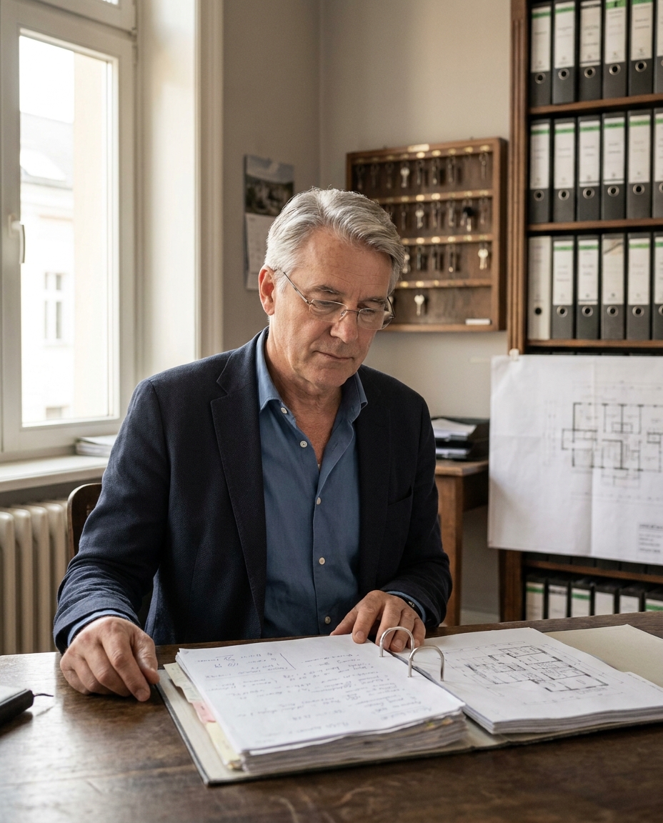 Erfahrener Hausverwalter in seinem Büro, nachdenklich bei der strategischen Bewertung seines Unternehmens