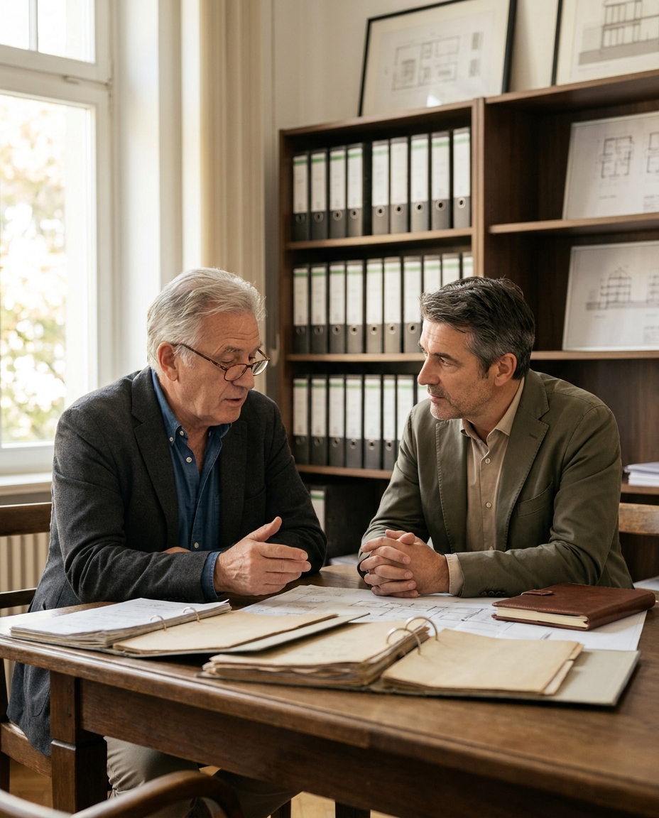 Hausverwalter im persönlichen Gespräch mit seinem M&A-Berater über den Verkaufsprozess