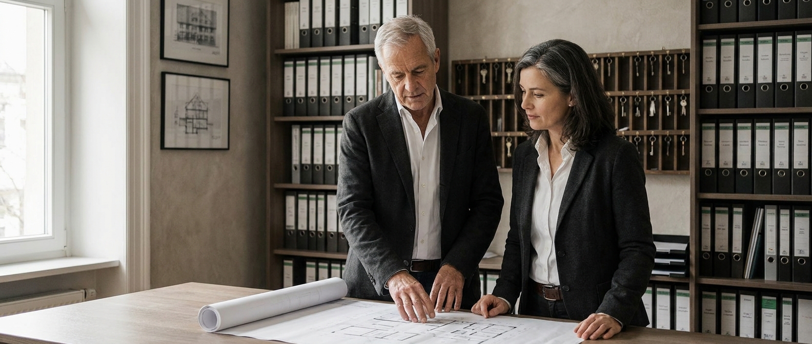 Hausverwalter und Beraterin in ruhiger Reflektion – der Blick auf das, was bleibt