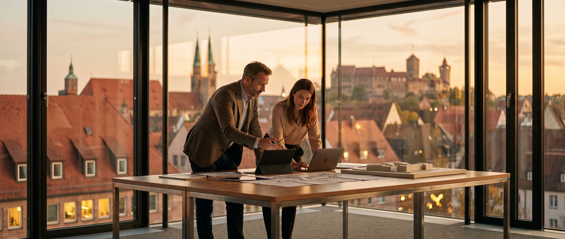 Berater und Gründerin arbeiten am Abend gemeinsam am Businessplan – Aufbau neben dem Beruf