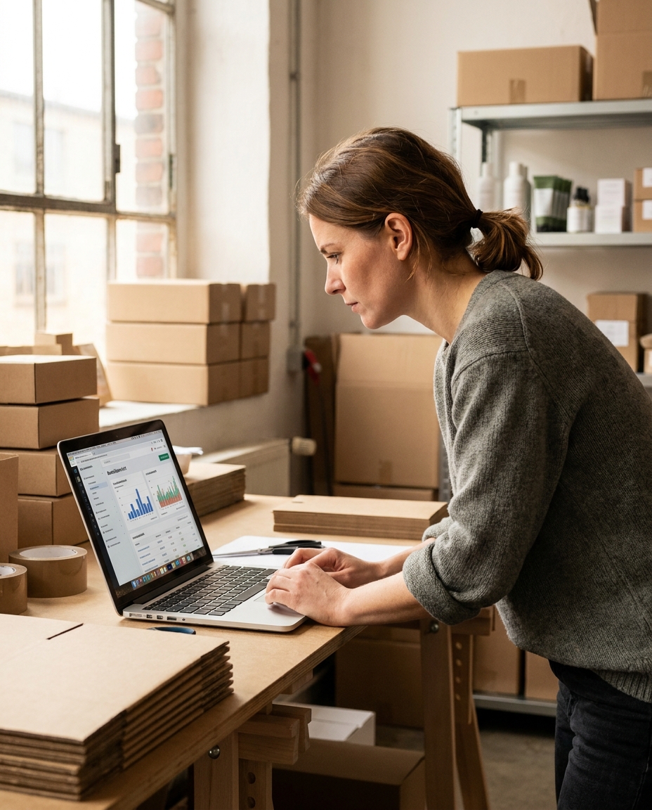 Shop-Inhaber in seinem Büro, nachdenklich bei der strategischen Bewertung seines Onlineshops
