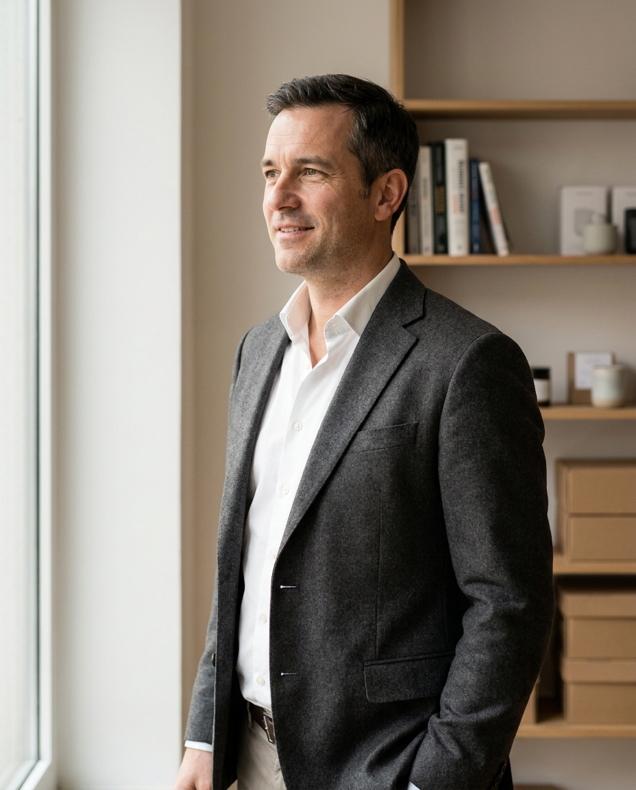 Erfahrener M&A-Berater im Büro – ruhige Präsenz und professionelles Urteil