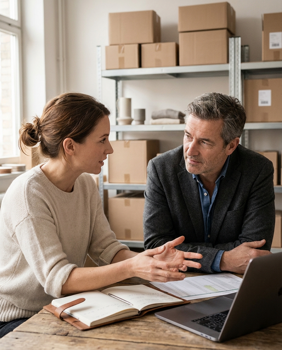 Shop-Inhaber im persönlichen Gespräch mit seinem M&A-Berater über den Verkaufsprozess
