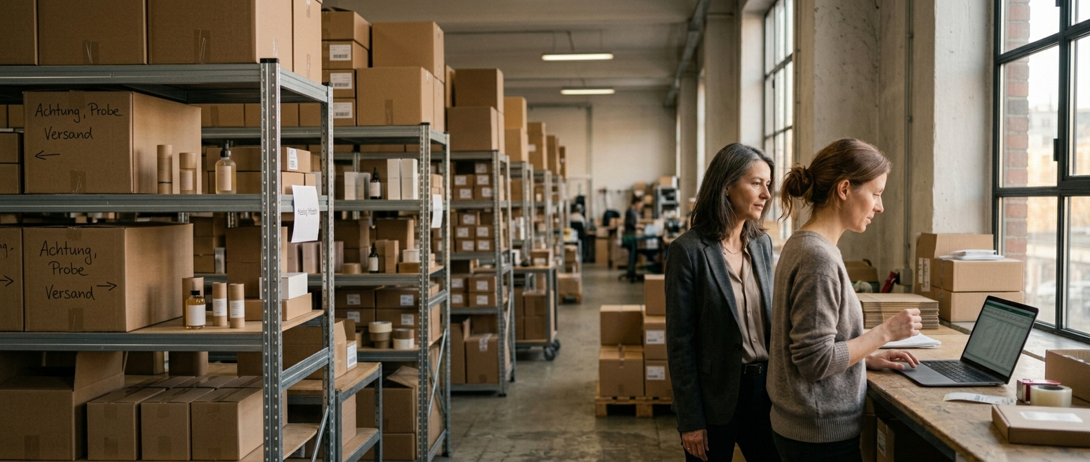 Shop-Inhaberin und Beraterin in ruhiger Reflektion am Bürofenster – der Blick auf das, was bleibt
